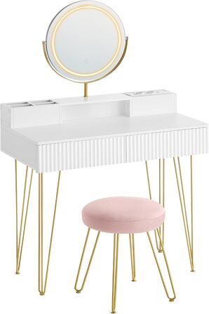 Туалетний столик VASAGLE з дзеркалом, пуфом та підсвіткою, розеткою, 40x80x134,8 см, з шухлядами, матовий білий/світлозолотий, RVT019W01 80B
