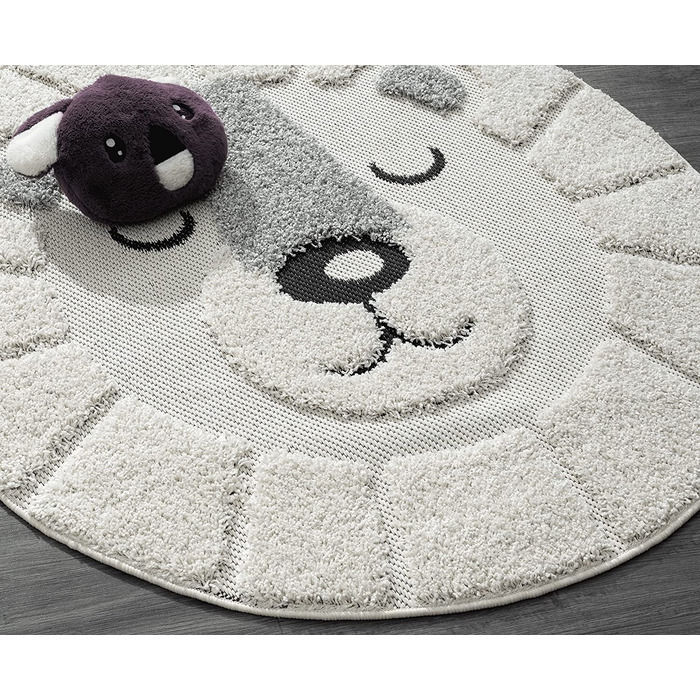 М'який затишний дитячий килим the carpet Lou, М'який затишний ворс, легкий у догляді, стійкий до фарбування, відкритий, 3D-вид, із зображенням лева, круглий 160 см (круглий 200 х 200 см, кремовий)