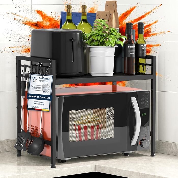 Підставка для мікрохвильової печі та кухонна полиця, сталева, 2-ярусна | Підставка для мікрохвильовки, шафка для мікрохвильовки, полиця для зберігання, полиця пекаря | Регульована висота та довжина, інструкція у відеоформаті, гачки - Чорний колір, 2 яруси