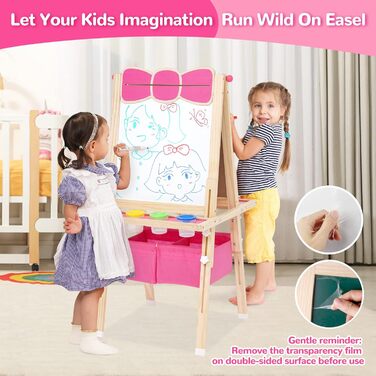 Дерев'яна мольберт Kinder Tafel з паперовою рулонкою, регульована висота, рожевий колір, двосторонній (whiteboard та дошка)