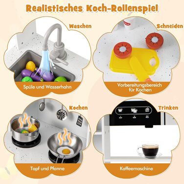 Дерев'яна дитяча кухня Dreamade з аксесуарами, кухонний куточок для дітей з плитою, раковиною, мікрохвильовою піччю, кавоваркою, духовкою, світлом та звуком (білий)