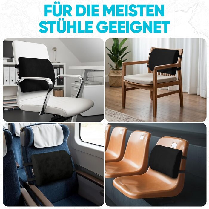 Подушка під поперек FORTEM з ефектом пам'яті для авто, ігрового та офісного стільця, ергономічна підтримка спини з дихаючою знімною обробкою (Чорний велюр)