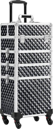 Ягетеч Косметичка-Тролі 4-в-1, Великий Косметичний Ящик для Макіяжу, Закривається на Замок, Багатофункціональний Ящик для Візажистів, Красота з Коліщатками та Висувною Шухлядою (Блискучий Чорний)