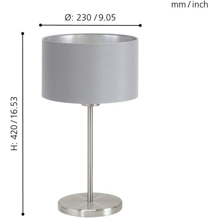 Настільна лампа EGLO Maserlo, текстильна настільна лампа на 1 полум'я, приліжкова лампа зі сталі та тканини, колір матовий нікель, сірий, сріблястий, цоколь E27, вкл. вимикач