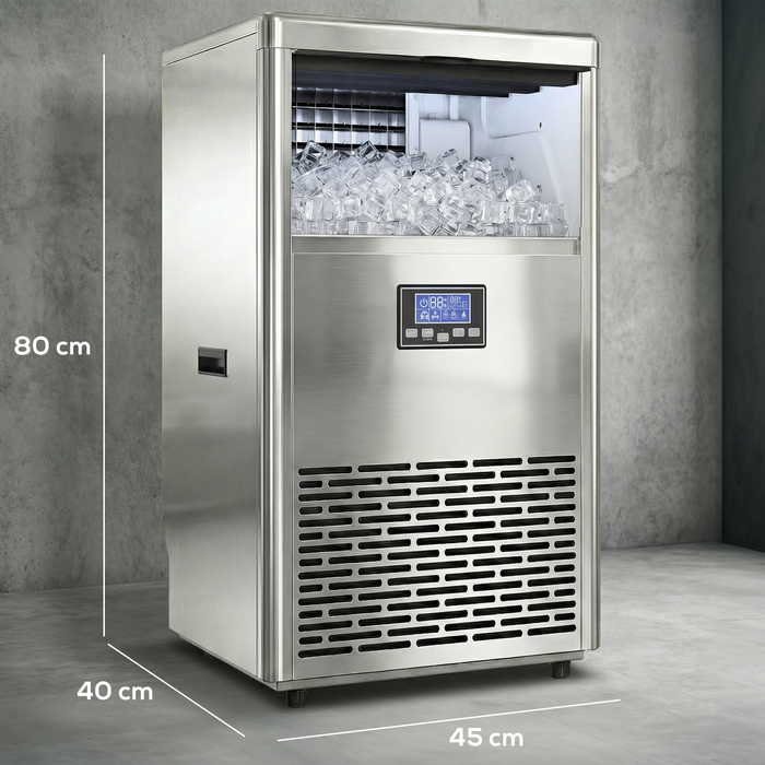 Промисловий льодогенератор на 45 кг/24 год, з нержавіючої сталі, об'ємом 15 кг, з функцією самоочищення, сріблястого кольору
