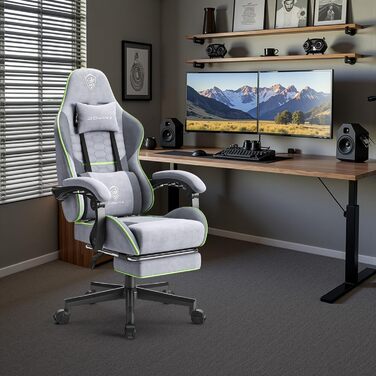 Ігровий крісло Dowinx з підголовником та підставкою для ніг, тканинне, з масажем, чорно-зелений, ергономічне, для офісу та ігор