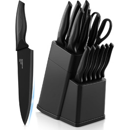 Набір ножів Homikit 15 предметів з підставкою: кухонні ножі з нержавіючої сталі, веточки, 6 ножів для стейків, чорний