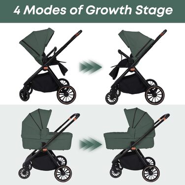 Дитяча коляска 2-в-1 BabyVoyage – комбінована коляска з люлькою та прогулянковим блоком, поворотні колеса 360°, амортизація, регульована ручка, складна конструкція, аксесуари, колір зелений