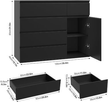 Комод FOREHILL чорний, 5 ящиків, 1 дверцята, 100x40x80см для спальні/вітальні, передпокою