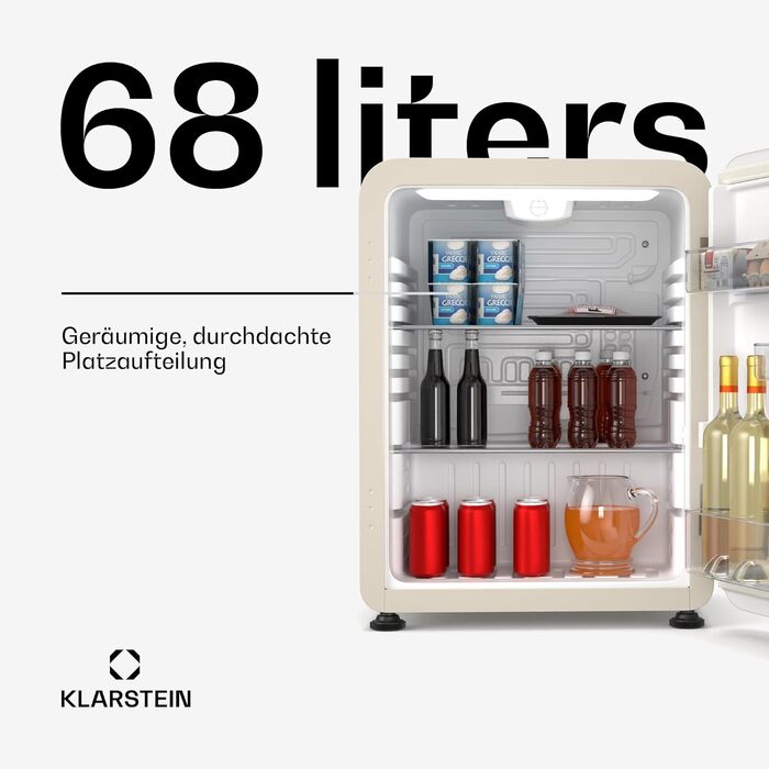 Міні-холодильник Klarstein Audrey Evo 68L: Ретро-дизайн, 40 dB, Компресор, Регульовані ніжки, Двері що відкриваються в обидва боки, для спальні та офісу, Кремовий колір, 68 л, Клас енергоефективності E