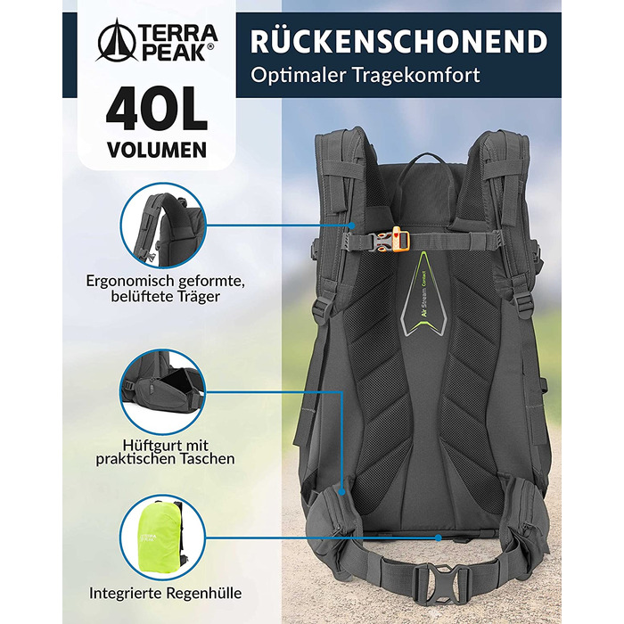 Похідний рюкзак Terra Peak 40L Flex 40 Преміум великий з вентиляцією для спини, гідратаційної системою і чохлом від дощу-похідний рюкзак з поліестеру з дихаючої 3D повітряної сіткою-Рюкзак для активного відпочинку на відкритому повітрі з поясним ременем (