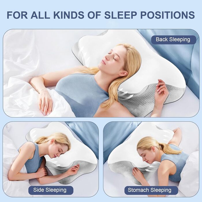 Ортопедична подушка для шиї Donama з memory foam, для сну та зняття болю в шиї та плечах, ергономічна подушка для сну на боці, спині та животі, білий/сірий колір, розмір 61x39x12 см