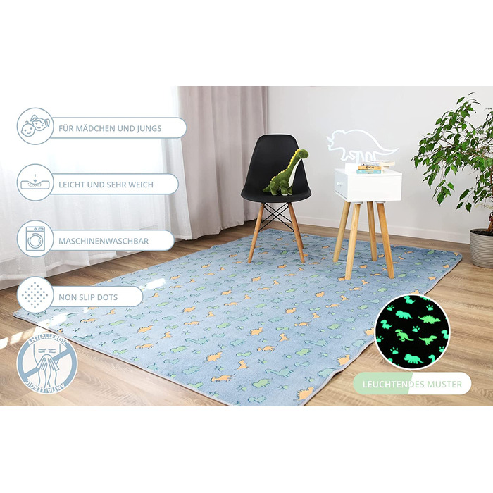 Світиться килим для дитячої кімнати-дитячий флуоресцентний килимок для ігор, який можна прати (синій динозавр, 100x160 см)