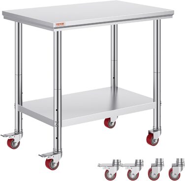 Нержавійна кухонна стільниця VEVOR 90x60x85 см з 4 роликами, регулювання висоти, 136 кг, для приготування їжі, сріблястого кольору