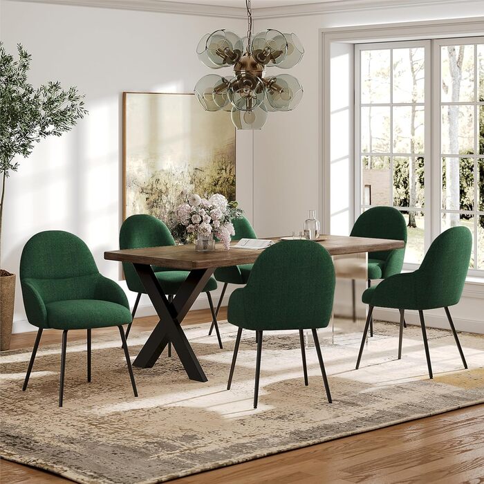 Набір обідніх стільців з підлокітниками – 6 шт. Ергономічні м'які стільці з тканинним покриттям та металевими ніжками для кухні, вітальні, їдальні, Бежевий (Leinen Tannengrün)