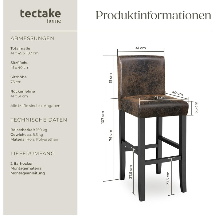 Набір з 2 барних стільців tectake® з підлокітником, античний коричневий, з масиву дерева та штучної шкіри, 107 см