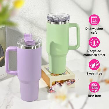 Термокружка FECBK з трубочкою та ручкою, 1,2 л, 100% без витоку, нержавіюча сталь, вакуумна ізоляція, тримає тепло 12 год / холод 34 год, Gepard (Фуксія)