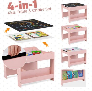 Дитячий стіл LIFEZEAL 3 в 1 з 2 стільцями: стіл для малювання, активностей та обіду. Дерев'яна дитяча група з місцем для зберігання (Рожевий)