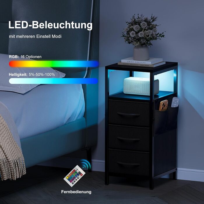 Нічний столик з підзарядкою та LED, приліжний столик з 3 висувними ящиками з тканини, нічний столик з полицею, відкрите відділення, 2 розетки AC, USB та Typ C порти, для спальні, вітальні, офісу (25x30x60 см, Чорний, 2)