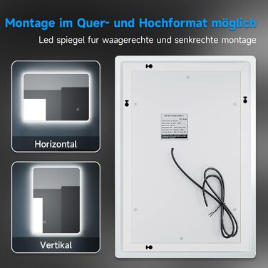 Елегантне дзеркало для ванної кімнати з LED-підсвічуванням 45x60 см, холодне біле світло, IP44, енергозберігаюче. Ванне дзеркало, дзеркало для ванної, настінне дзеркало. Розміри: 80x50 см