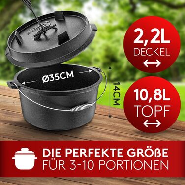 Набір чавунного казана BBQ Dutch Oven [Das Original] 10,8 л з підставкою та кришкою-гриль 2,2 л, піднімачем та електронною книгою рецептів