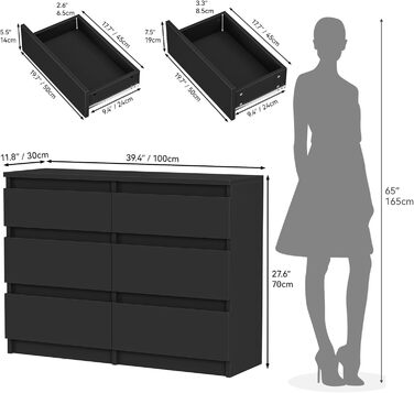 Дерев'яний комод, 6 ящиків, меблі для спальні, 100x30x70 см, чорний