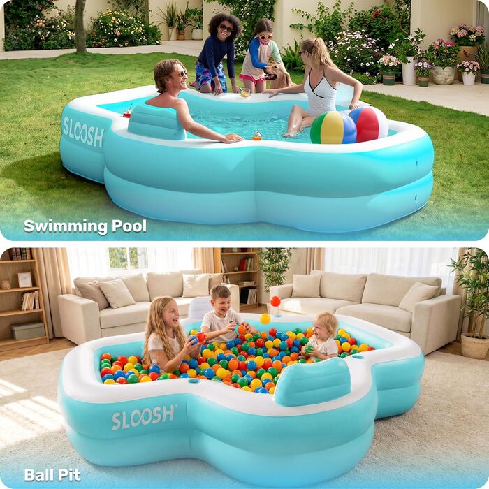 Надувний басейн SLOOSH з сидіннями, 305 x 257 x 66 см, сімейний басейн для відпочинку з підголівниками та тримачами для напоїв, ідеальний для літньої вечірки в саду або на газоні, колір блакитний