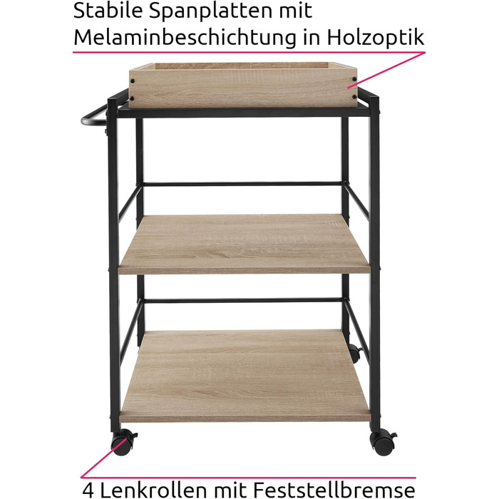 Візок для сервірування tectake з підносом, 65x41.5x87 см, кухонний візок на колесах, 2 дерев'яні полиці, промисловий стиль, дуб Sonoma