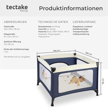 Дитячий портативний ліжечко-ігровий центр Tectake® Navy Blue (з матрацом)