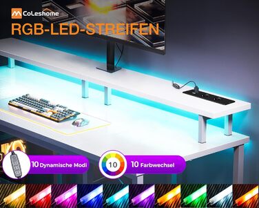 Ігровий стіл Coleshome з LED-підсвічуванням, комп'ютерний стіл з 2 розетками та 2 USB-портами, стіл для геймінгу з підставкою для монітора та місцем для зберігання, для дому та офісу (білий, 120x50 см)