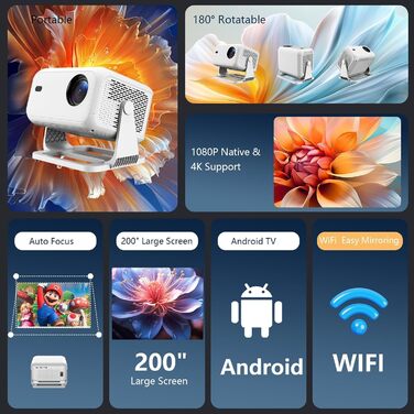 Міні-проектор Smart Beamer Mini: 4K, Netflix, Автофокус, 180° обертання, WiFi6, Bluetooth, Full HD 1080P, 600ANSI, для дому та вулиці