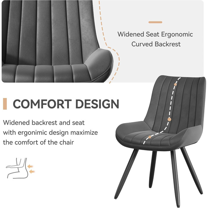 Набір обідніх стільців (6 шт) - сучасний дизайн, м'яке сидіння 10 см, штучний матеріал, металеві ніжки, темно-сірий колір, FU01043BL-2