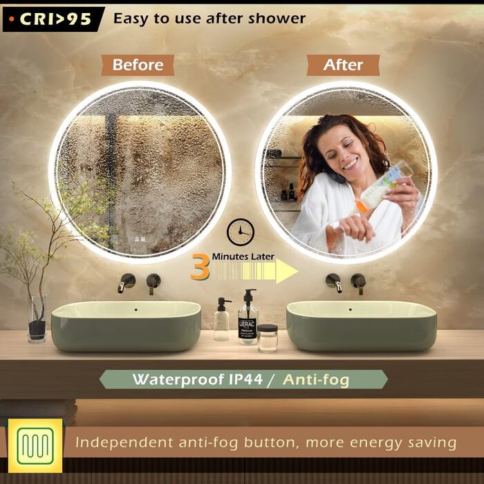 LED дзеркало для ванної кімнати KWW, регульована колірна температура, протитуманне, диммування, 60x60 см