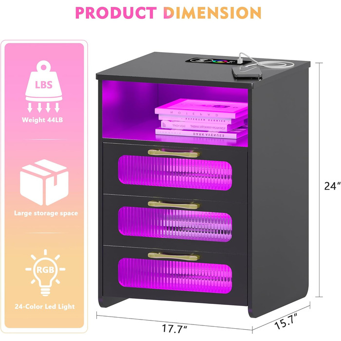 Приліжкова тумбочка Lvifur X LED з бездротовою зарядною станцією, USB&Type-C, датчик, світло, 3 шухляди, чорний