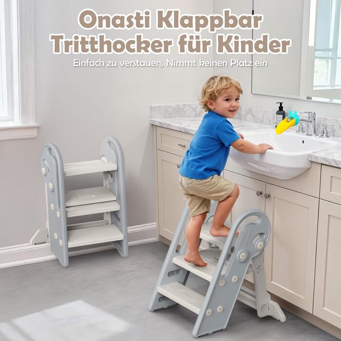 Дитячий підсвічник Onasti Tritthocker: регульована висота, 3 ступені, з ручками, складний, анти-кіп та анти-ковзний, для кухні, ванної кімнати, умивальника та туалету (сірий)