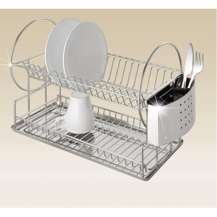 Сушарка для посуду WENKO Duo - підставка для тарілок і чашок, кошик для столових приборів, піддон для крапель, нержавіюча сталь, 233x49 см, матовий сріблястий (60 символів)