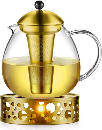 Скляний скляний Срібний чайник з нержавіючої сталі 18/8, сито для чаю з боросилікатного скла, чайник, підходить для підігріву чаю (Тип5-2, Золотий чайник з ручкою, 1500 мл)