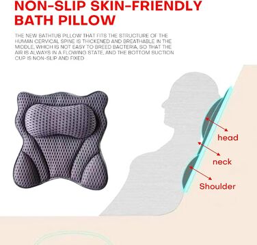 Подушка для ванни 4D Luxus, для голови, шиї, плечей та спини, ергономічна, з 6 присосками, для джакузі та домашнього спа (Чорний)