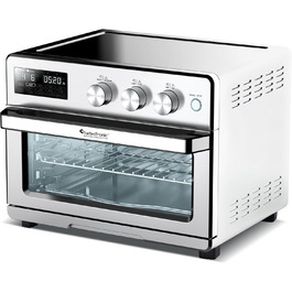 TurboTronic Цифровий конвекційний духовий шафа XXL 32 літри з поворотним шампуром для курки 5-в-1, міні-духовка, сушарка та фритюрниця Airfryer від 25°C, сріблястий
