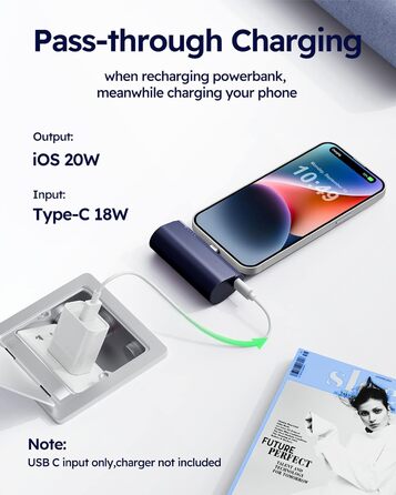 Швидкий зарядний пристрій, сумісний з iPhone (синій), 5000mAh, 20W PD