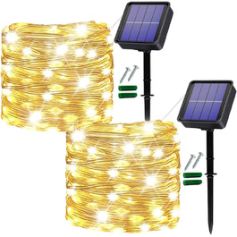 Сонячний ланцюжок для зовнішнього освітлення, Owwasd 12 м 100 Світлодіодна ланцюжок для зовнішнього освітлення, захист від атмосферних впливів, ПВХ ланцюжок для зовнішнього освітлення для балкона, 2 шт.