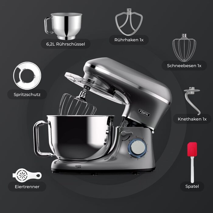 Кухонна машина 2000W з нержавіючої сталі, чаша 6.2 л, міксер з набором насадок (крюк, гак, вінчик, сплеск), колір антрацит