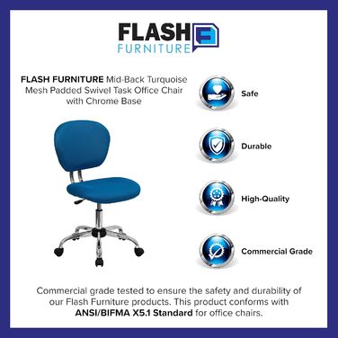 Офісне крісло Flash Furniture H-2376-F-WHT-GG, середня спинка, сітка, хромована основа, бірюзовий, без підлокітників