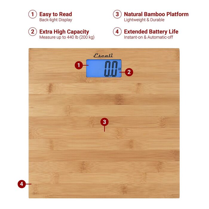 Ваги для ванної Escali ECO200, екологічні, цифрові, 200 кг, бамбук, 30x30x3 см