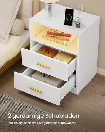 VASAGLE Custos: Набір з 2 тумбочок з LED-підсвіткою та зарядкою, білий, з шухлядами та USB-портами
