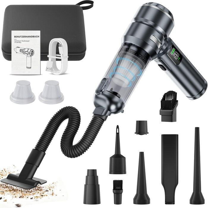 Акумуляторний ручний пилосмок 24000Па — бездротовий міні-пилосос для авто, дому та ПК, з функцією обдува та насоса, 6000mAh, сірий