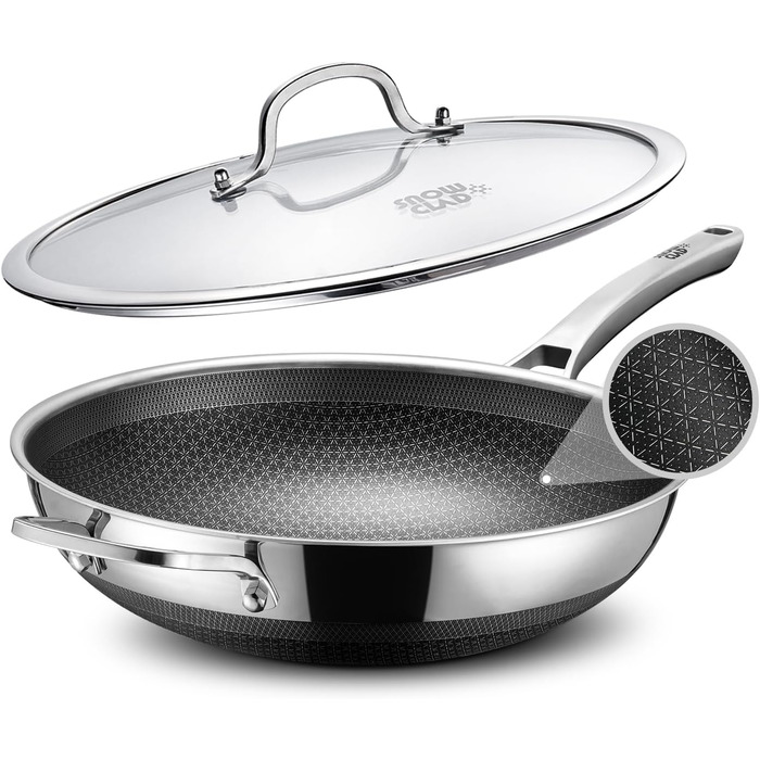 Wok SNOWCLAD 32 см з антипригарним покриттям, нержавіюча сталь, для всіх плит, безпечний, можна мити в посудомийній машині