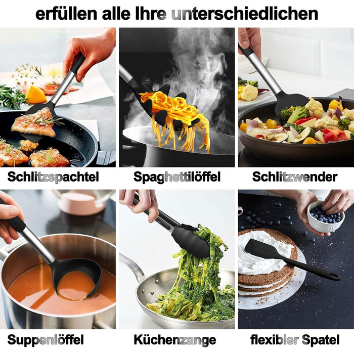 Набір кухонних помічників, 26 предметів: силіконове кухонне приладдя, посуд, стійкий до нагрівання, з тримачем, антипригарний, з нержавіючою ручкою, придатний для миття в посудомийній машині (чорний)