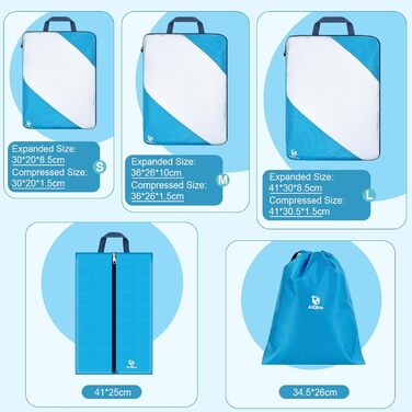 Набір компресійних органайзерів для одягу в подорожі AiQInu, 5 шт. (з мішком для прання та взуття), ультралегкі розширювані пакувальні куби для валізи та ручної поклажі, небесно-блакитний