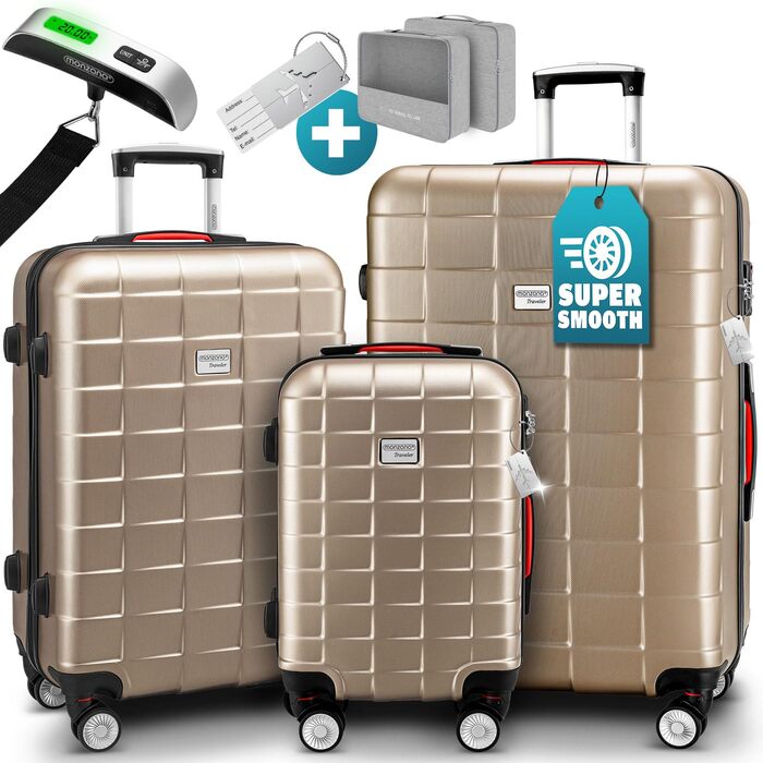Чемодан набір Monzana® 3шт з TSA замком, вагами, органайзером, гелевими ручками, подвійними колесами, валіза-тролей, жорсткий корпус, M-L-XL, колір шампань